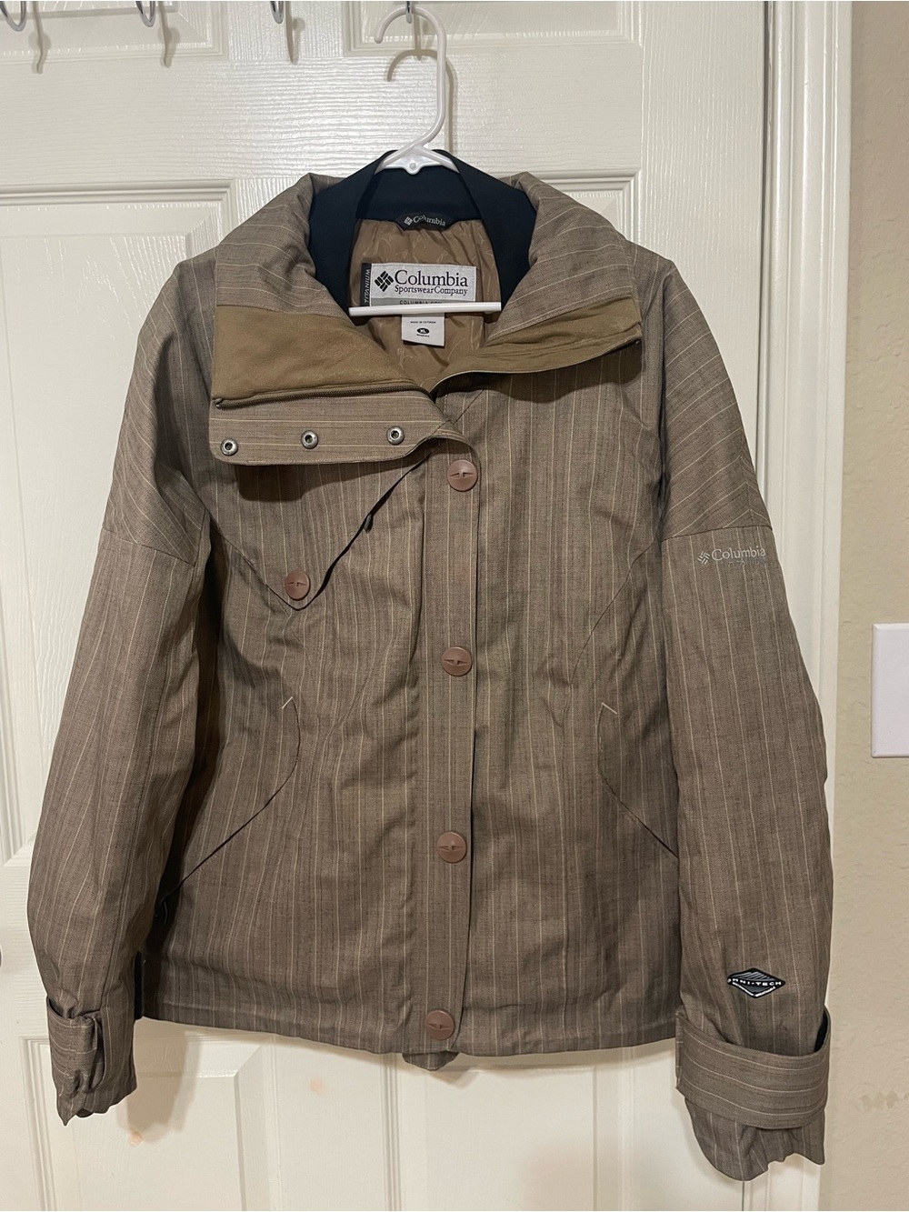 Columbia Titanium Omni-Tech Ski Jacket Brown Pinstripe Women's Large XL 4341